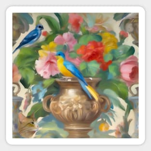 Birds, roses, cat and classical urn, oil painting seamless pattern Sticker